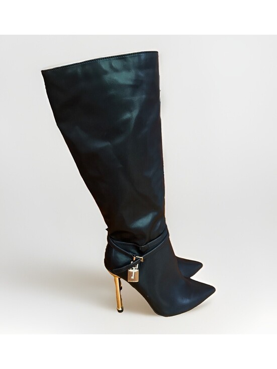 Shoes - New Black Fashion Nova Tommy Stiletto Knee High Boots Gold Tone Lock & Key 10